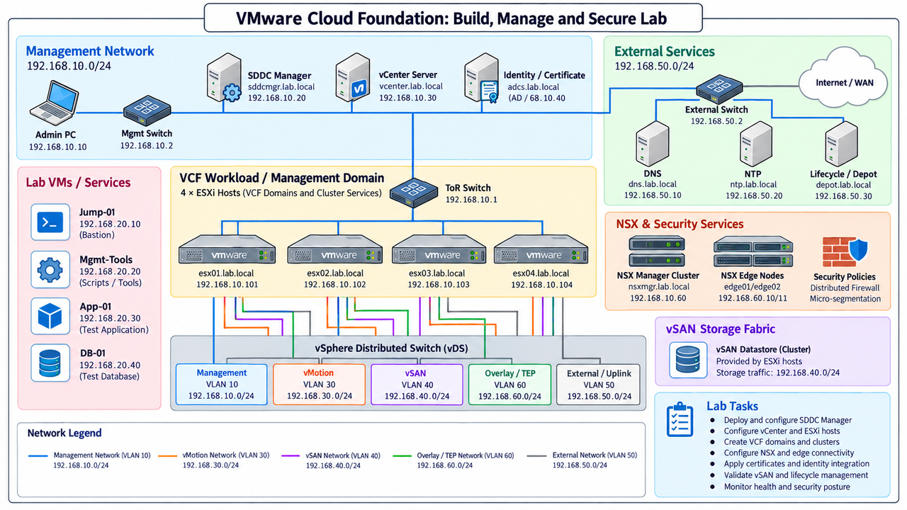 VMware Cloud Foundation: Build, Manage and Secure Lab · Management Network · External Services · 192.168.10.0/24 · 192.168.50.0/24