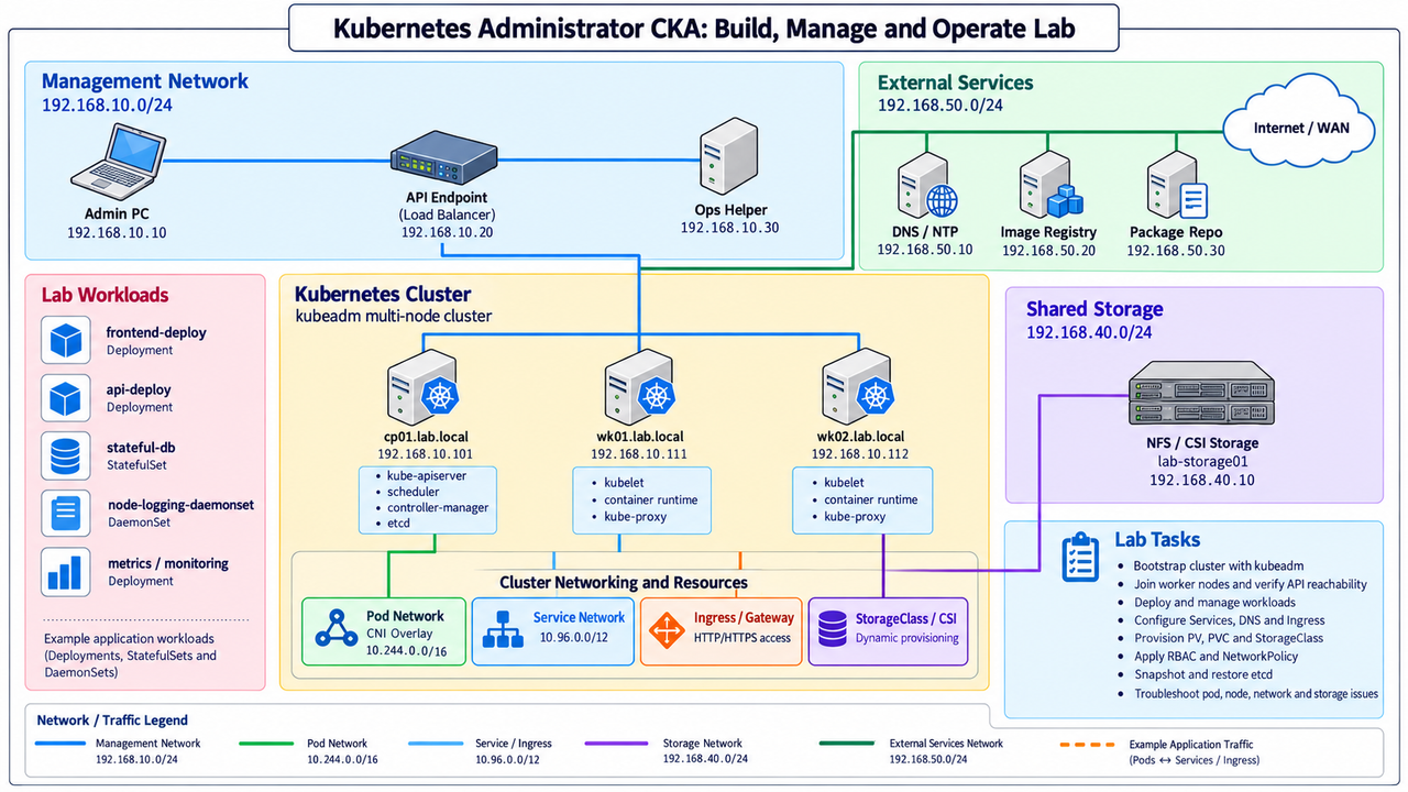 Kubernetes Administrator CKA: Build, Manage and Operate Lab · Management Network · External Services · 192.168.10.0/24 · 192.168.50.0/24