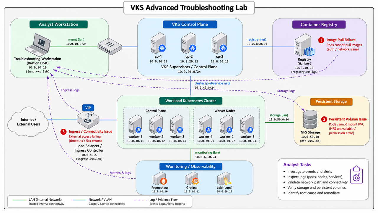 VKS Advanced Troubleshooting Lab · Analyst Workstation · VKS Control Plane · Container Registry · mgmt (lan)