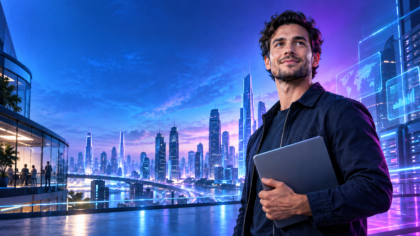 Aggiornamento Tecnologico Rapido Professionista IT con laptop davanti a una citta tecnologica
