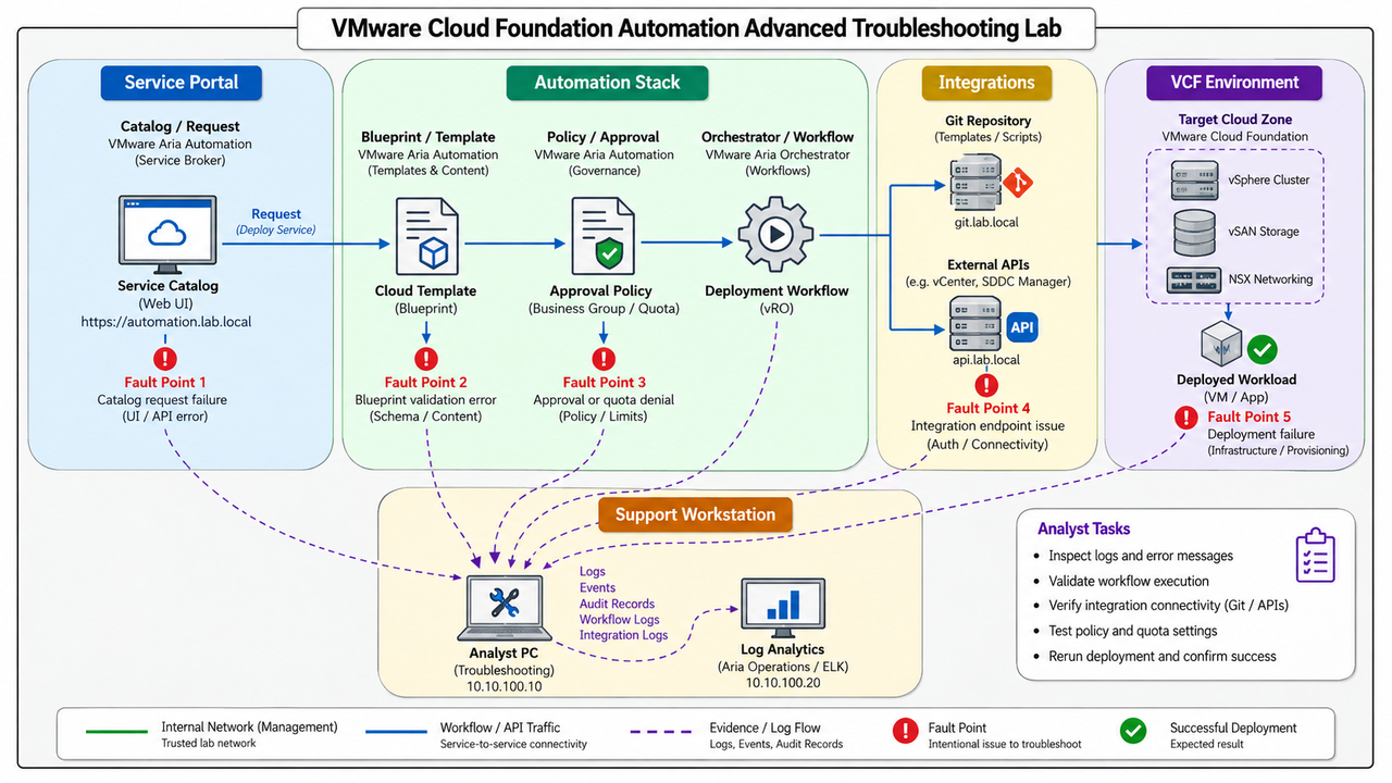 VMware Cloud Foundation Automation Advanced Troubleshooting Lab · Service Portal · Automation Stack · Integrations · VCF Environment