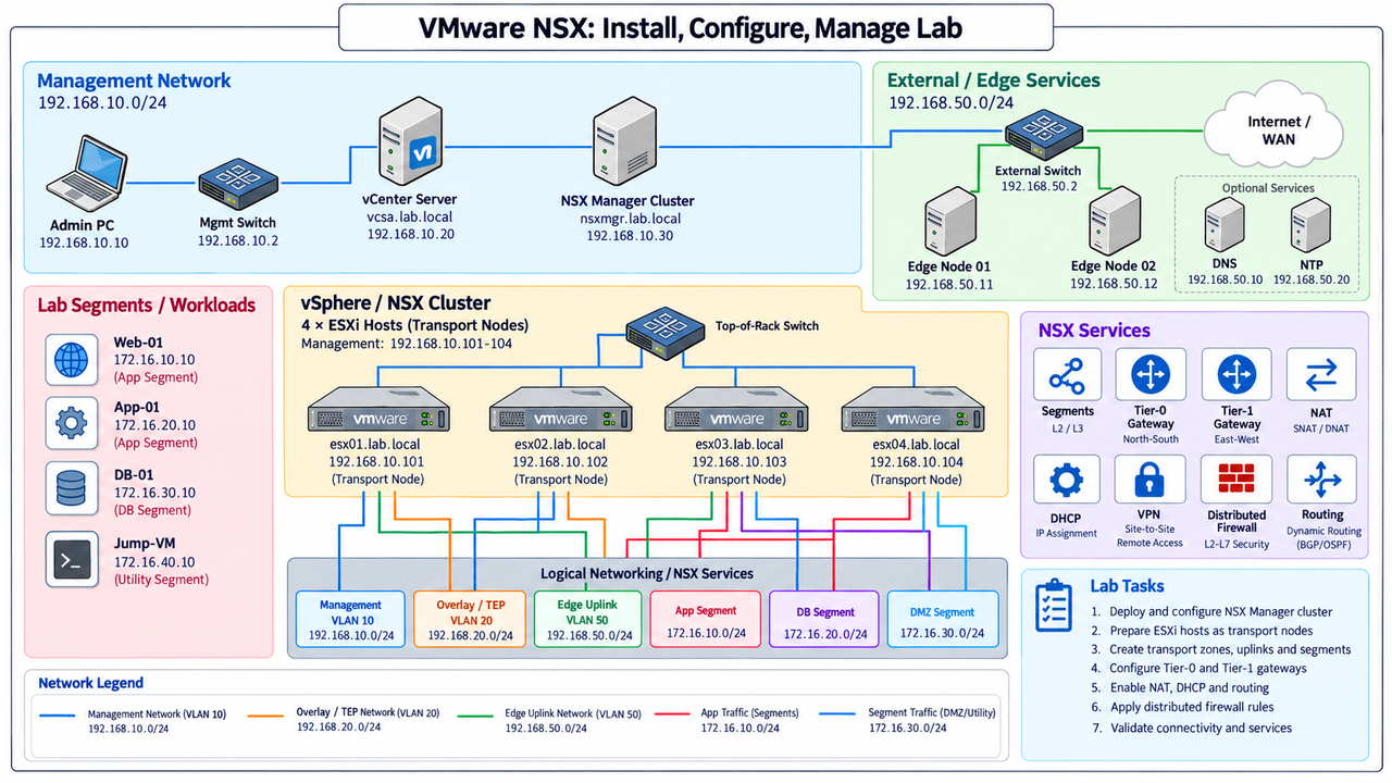VMware NSX: Install, Configure, Manage Lab · Management Network · External / Edge Services · 192.168.10.0/24 · 192.168.50.0/24
