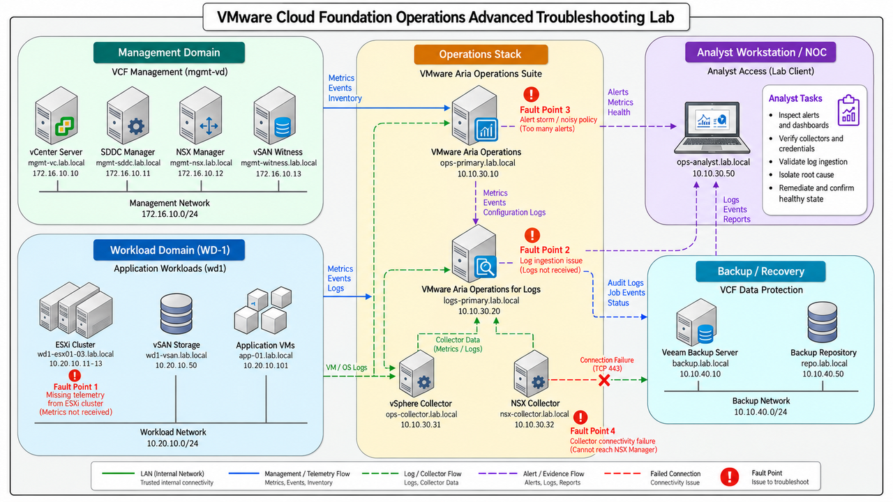 VMware Cloud Foundation Operations Advanced Troubleshooting Lab · Management Domain · Operations Stack · Analyst Workstation / NOC · VCF Management (mgmt-vd)
