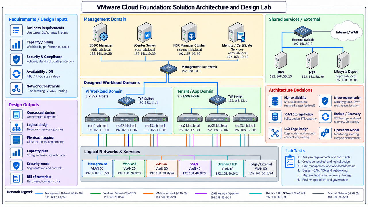 VMware Cloud Foundation: Solution Architecture and Design Lab · Requirements / Design Inputs · Management Domain · Shared Services / External · Business Requirements