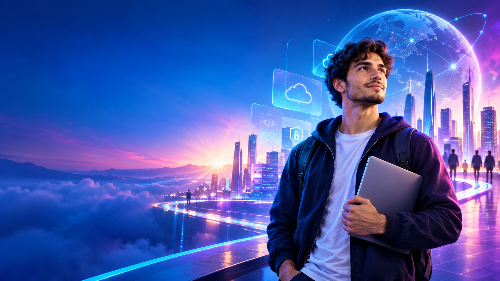 Giovane professionista con laptop davanti a una citta digitale, simbolo dell'avvio di una carriera IT
