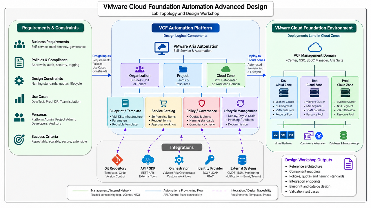 VMware Cloud Foundation Automation Advanced Design · Lab Topology and Design Workshop · Requirements & Constraints · VCF Automation Platform · VMware Cloud Foundation Environment