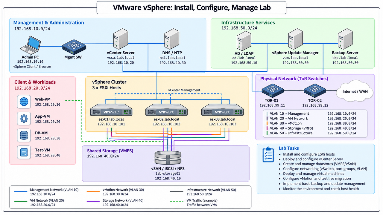 VMware vSphere: Install, Configure, Manage Lab · Management & Administration · Infrastructure Services · 192.168.10.0/24 · 192.168.50.0/24