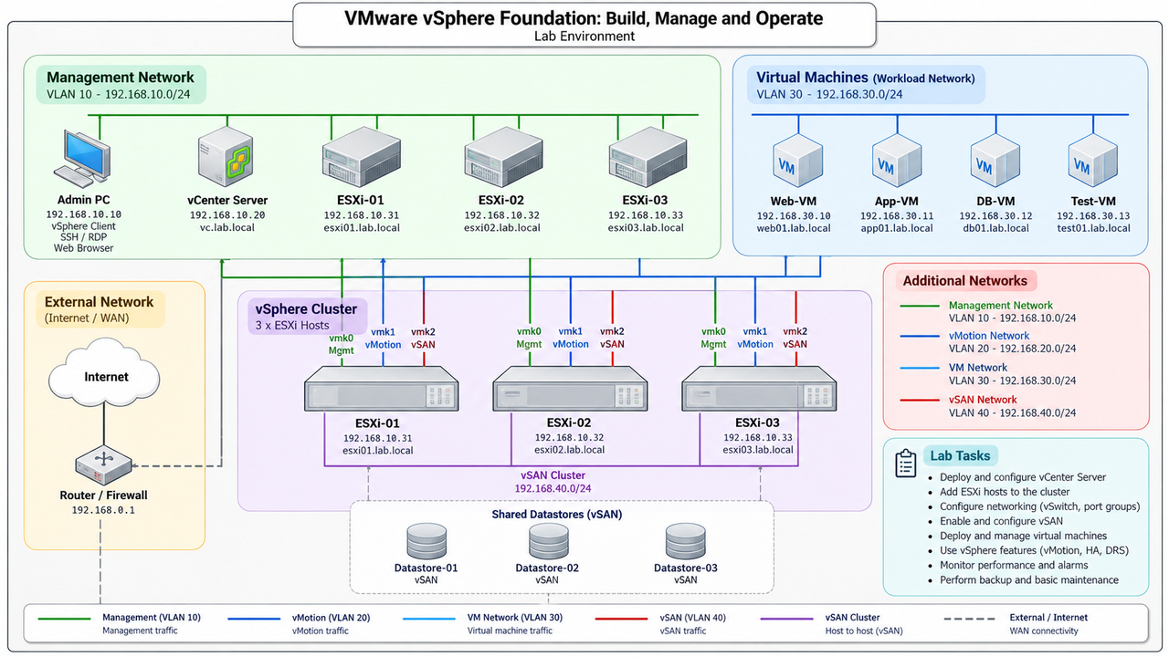VMware vSphere Foundation: Build, Manage and Operate · Lab Environment · Management Network · Virtual Machines (Workload Network) · VLAN 10 - 192.168.10.0/24