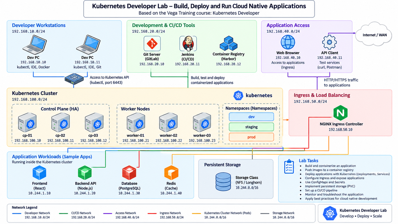 Kubernetes Developer Lab - Build, Deploy and Run Cloud Native Applications · Based on the Vega Training course: Kubernetes Developer · Developer Workstations · Development & Cl/CD Tools · Application Access