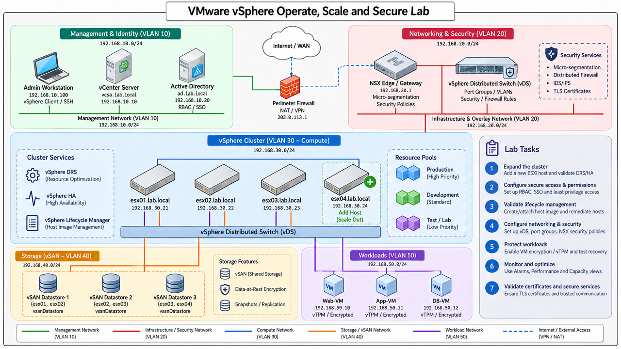 VMware vSphere Operate, Scale and Secure Lab · Management & Identity (VLAN 10) · Networking & Security (VLAN 20) · 192.168.10.0/24 · Internet / WAN