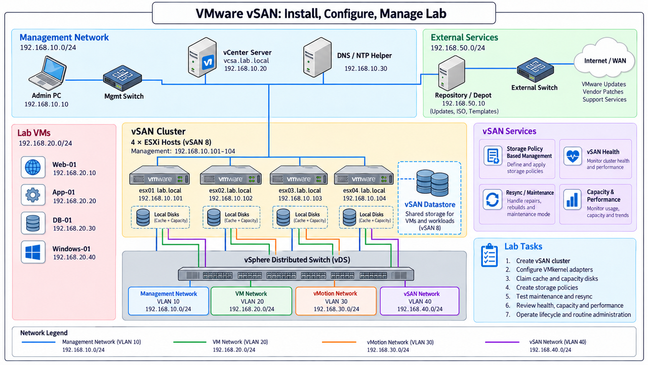 VMware vSAN: Install, Configure, Manage Lab · Management Network · External Services · 192.168.10.0/24 · 192.168.50.0/24