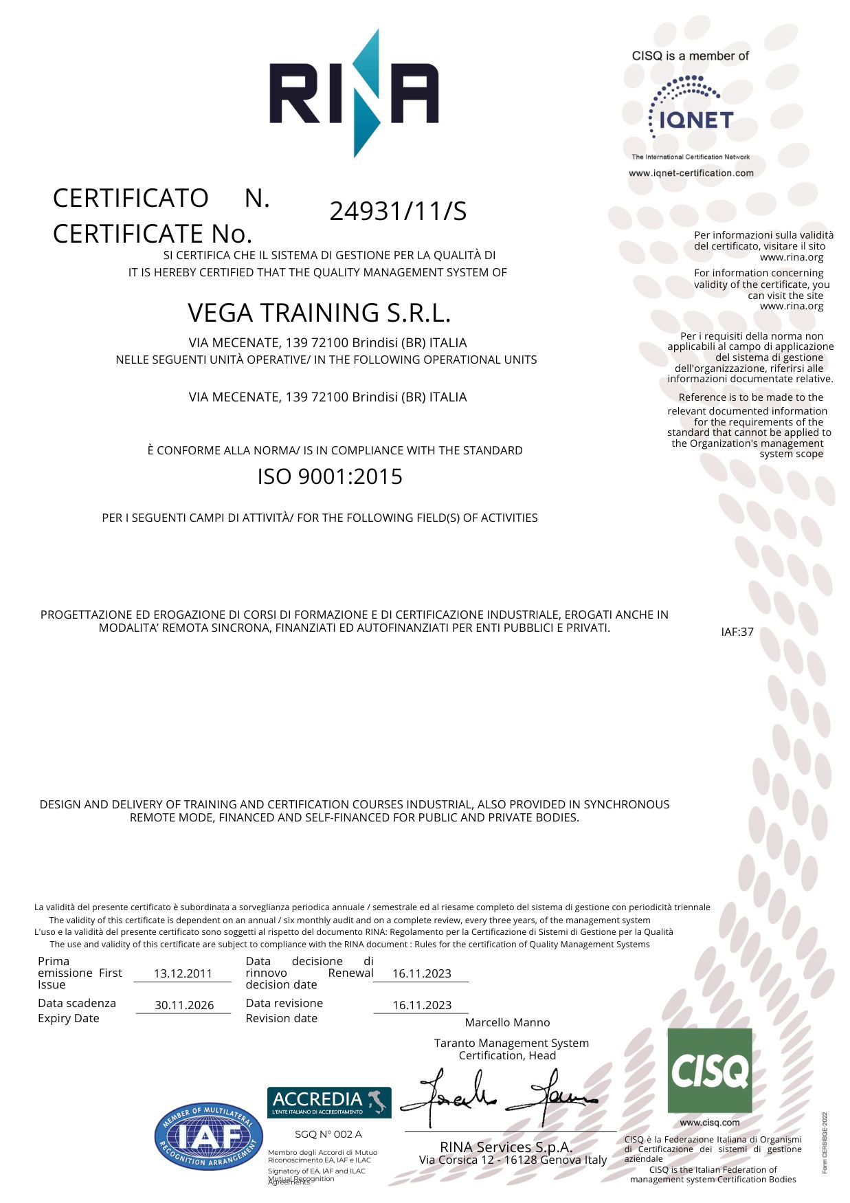  ISO 9001:2015 EA37 - Vega Training SRL