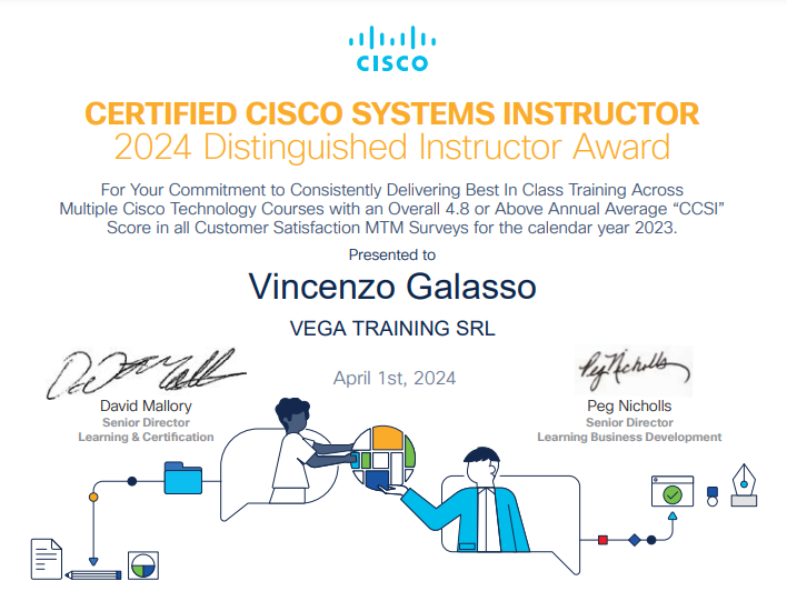 Vincenzo Galasso Riconosciuto come migliore istruttore Cisco 2023 - 2024